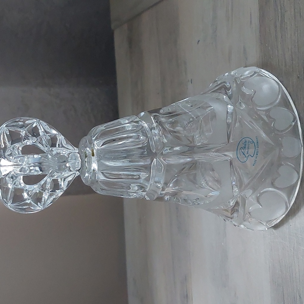 Etched Bleikristall Germany Lead Crystal Dinner Bell With Frosted Hearts 7” Tall